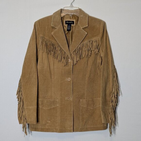 DENIM & CO. Tan Suede Leather Blazer Jacket w Fringe; Size L - Picture 1 of 6